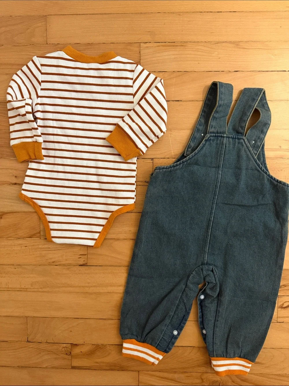 Unbranded Kids Rust-Trim Striped Bodysuit & Denim Dog Overalls Set